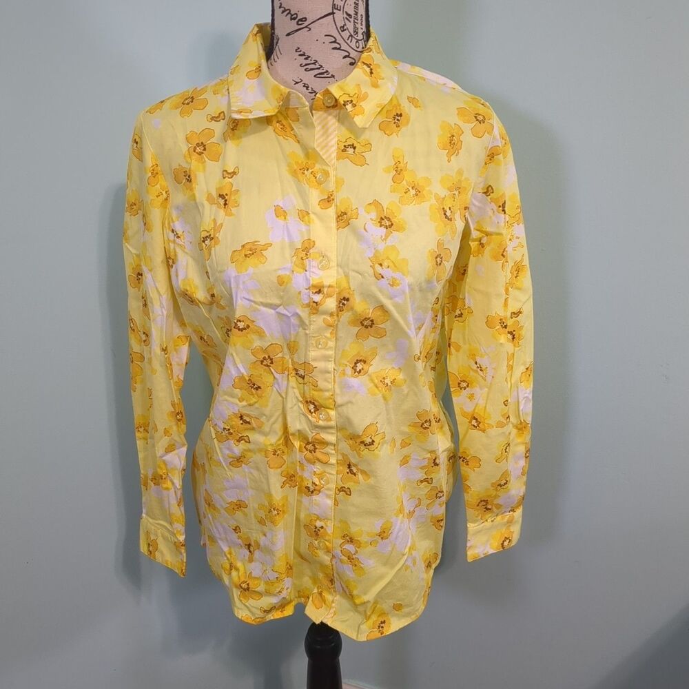 Susan Graver QVC yellow Floral Button Down Blouse Long Sleeve 6 blouse shirt cot
